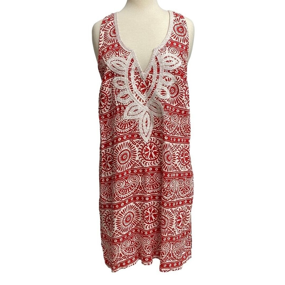 Mud Pie Women Shift Dress Sleeveless Embroidered Cover Up Beach Sundress Red M